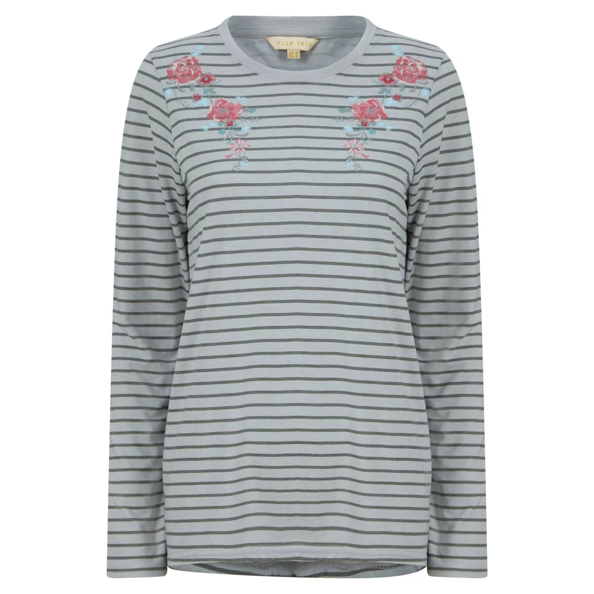 Women's grey long sleeve top with horizontal stripes and pink floral embroidery on chest.